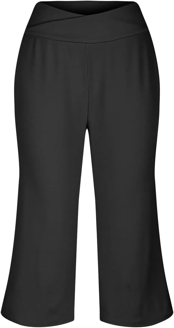 Capri Pants for Women Crossover High Waist Wide Leg Yoga Dress Capris Summer Casual Plus Size Crop Pants with Pockets
