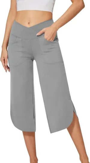 Capri Pants for Women Crossover High Waist Wide Leg Yoga Dress Capris Summer Casual Plus Size Crop Pants with Pockets