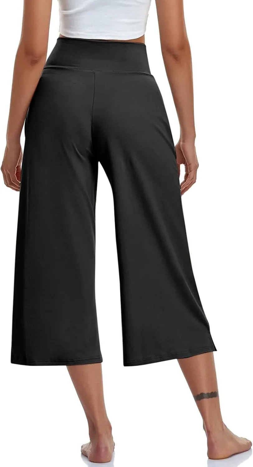 Capri Pants for Women Crossover High Waist Wide Leg Yoga Dress Capris Summer Casual Plus Size Crop Pants with Pockets