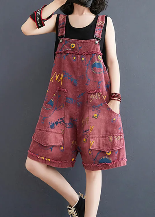 Fashion Red Slash Neck Print Patchwork Denim Jumpsuit Summer