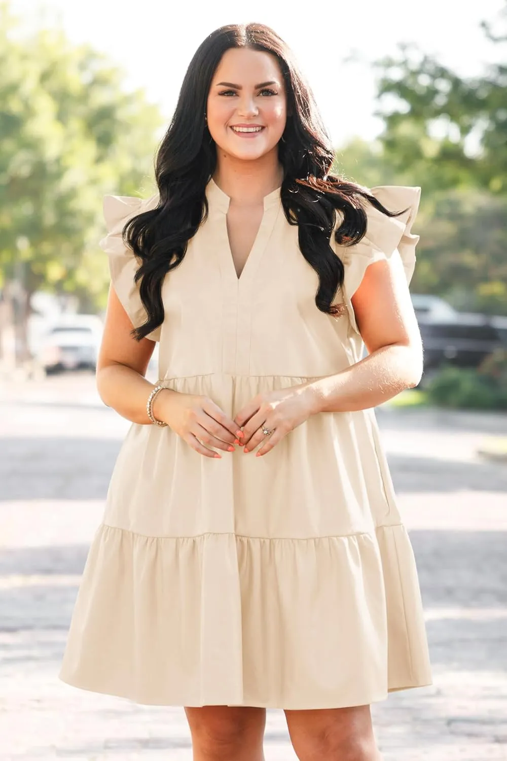 Fisoew Plus Size Dresses for Women Summer Ruffle Short Sleeve V Neck Dress Tiered Swing A Line Babydoll Mini Dress