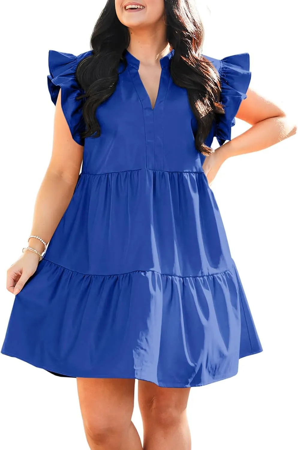 Fisoew Plus Size Dresses for Women Summer Ruffle Short Sleeve V Neck Dress Tiered Swing A Line Babydoll Mini Dress