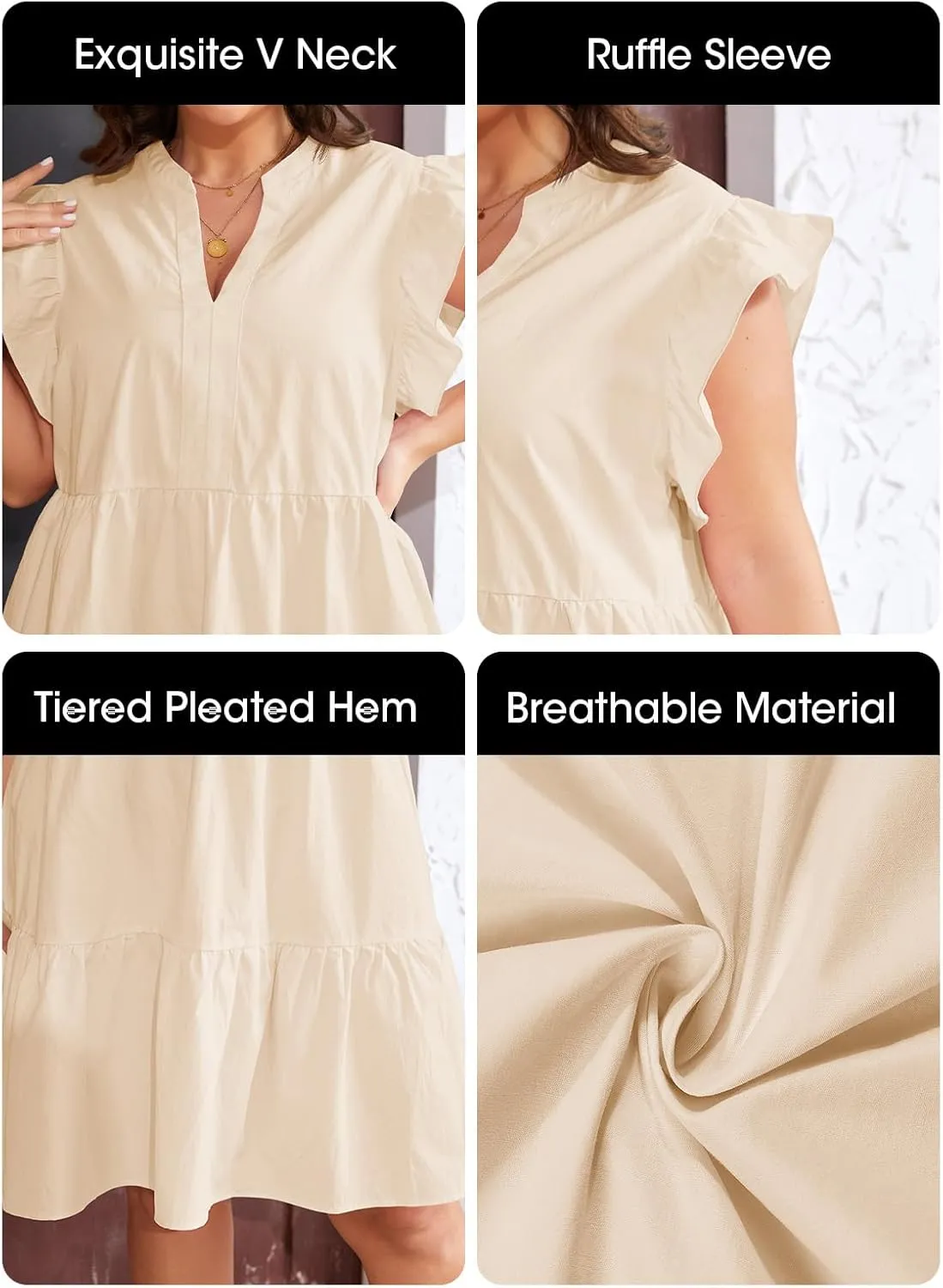Fisoew Plus Size Dresses for Women Summer Ruffle Short Sleeve V Neck Dress Tiered Swing A Line Babydoll Mini Dress
