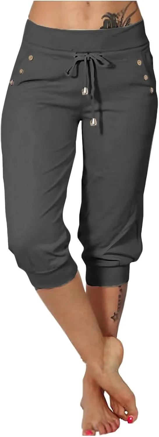 GOKKILRW Womens Capri Yoga Pants Stretch Workout Joggers Drawstring Sweatpants Summer Lounge Pajama Active Capris with Pocket