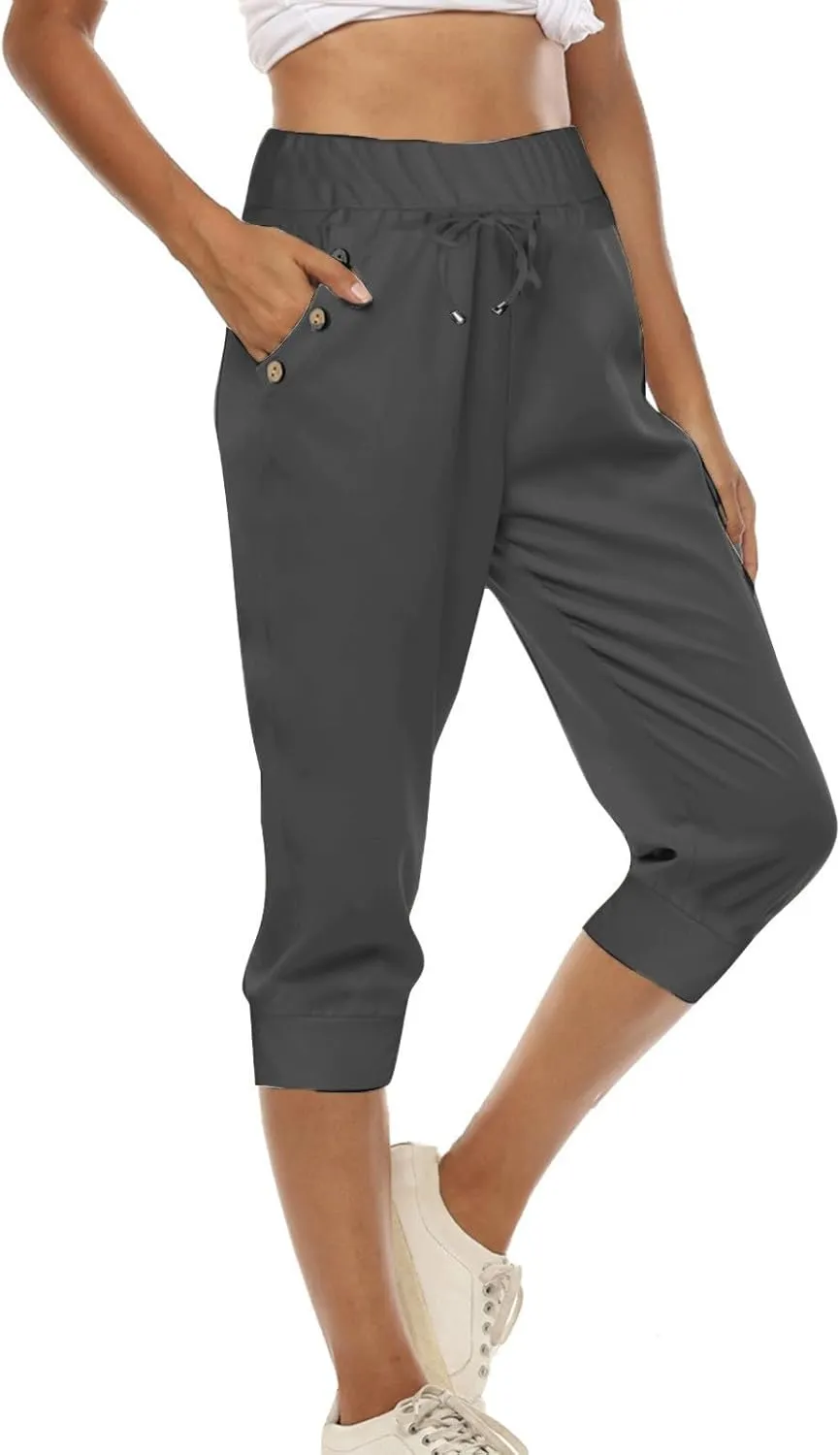 GOKKILRW Womens Capri Yoga Pants Stretch Workout Joggers Drawstring Sweatpants Summer Lounge Pajama Active Capris with Pocket