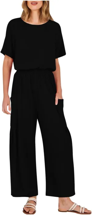 HGps8w Cotton Linen Jumpsuits for Women Casual Wide Leg Pants Romper 2025 Summer Short Sleeve One Piece Outfits with Pockets