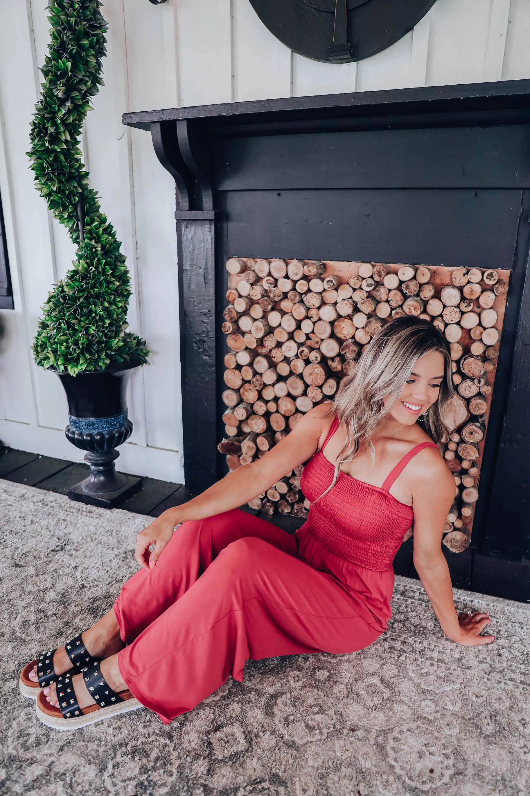 Surely Smocked Pocketed Maxi Jumpsuit - Rust