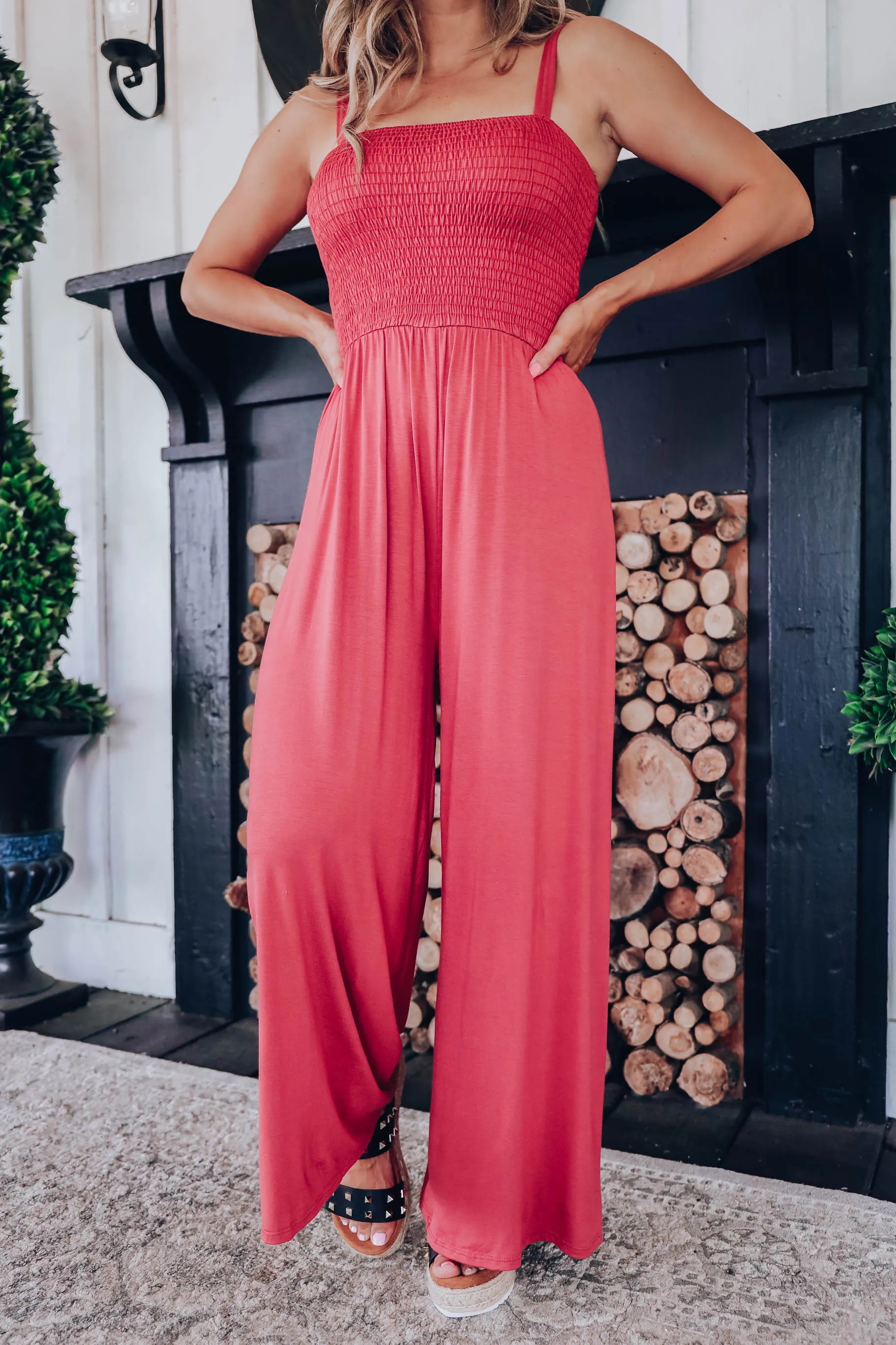 Surely Smocked Pocketed Maxi Jumpsuit - Rust