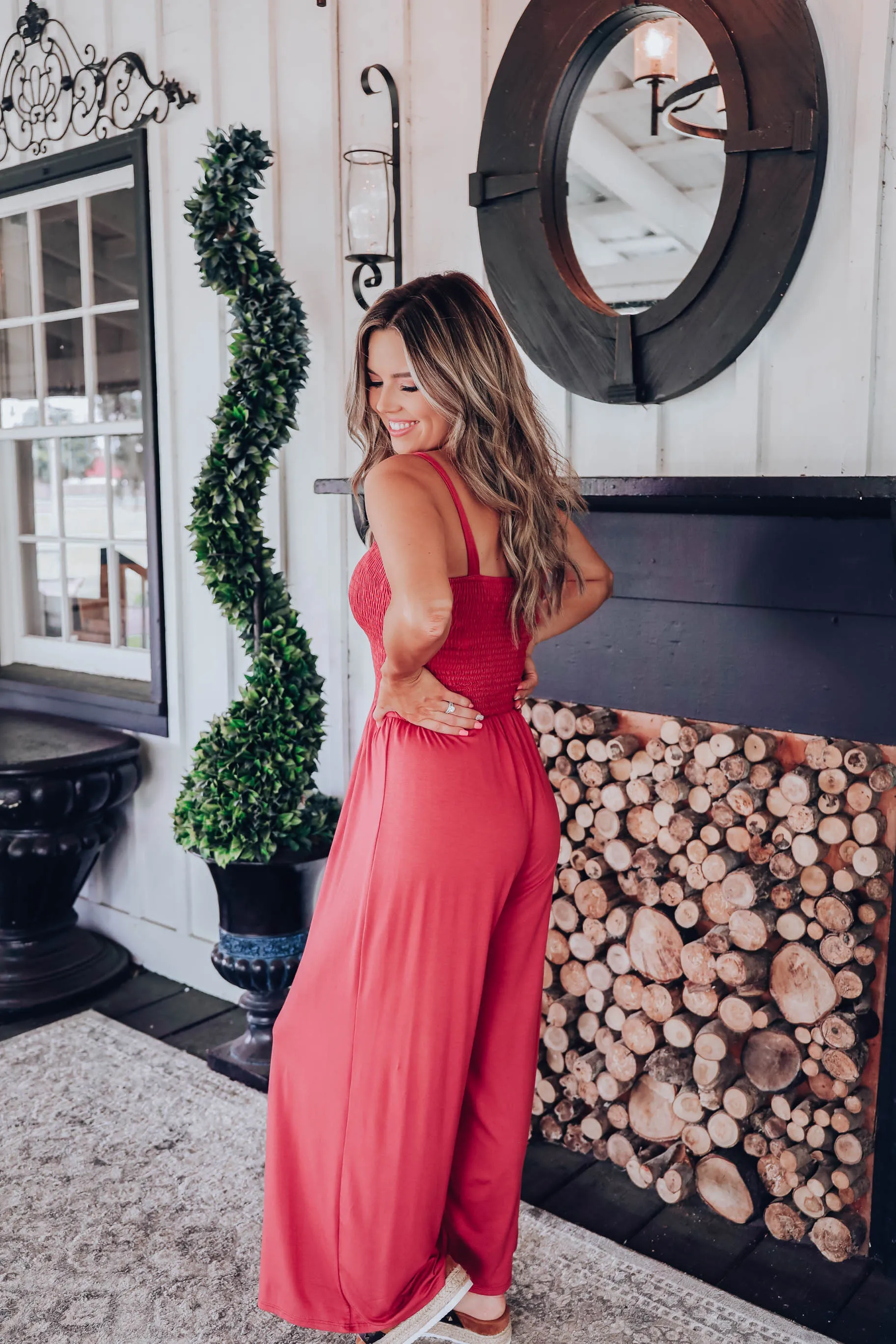 Surely Smocked Pocketed Maxi Jumpsuit - Rust