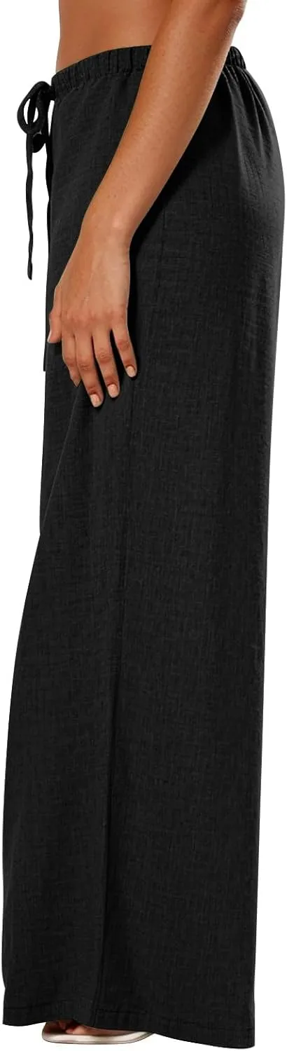Wide Leg Linen Pants for Women Casual Drawstring Waist Palazzo Pants Lightweight Beach Trousers with Pockets