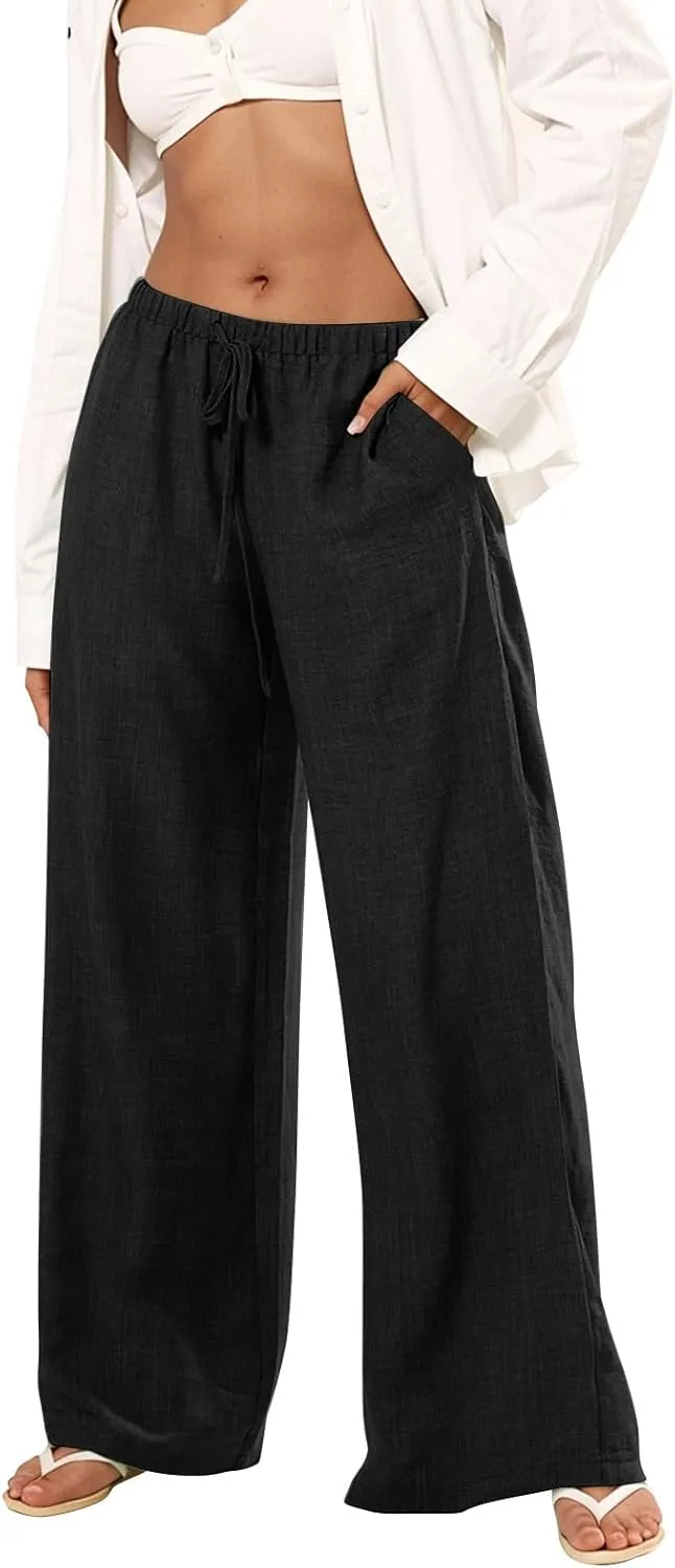 Wide Leg Linen Pants for Women Casual Drawstring Waist Palazzo Pants Lightweight Beach Trousers with Pockets