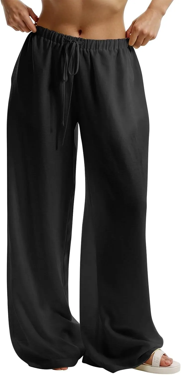 Wide Leg Linen Pants for Women Casual Drawstring Waist Palazzo Pants Lightweight Beach Trousers with Pockets