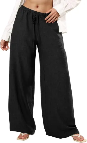 Wide Leg Linen Pants for Women Casual Drawstring Waist Palazzo Pants Lightweight Beach Trousers with Pockets