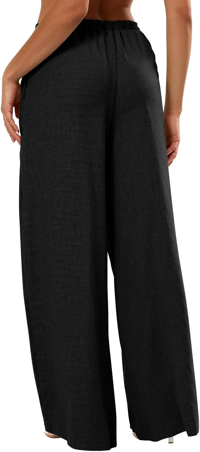 Wide Leg Linen Pants for Women Casual Drawstring Waist Palazzo Pants Lightweight Beach Trousers with Pockets