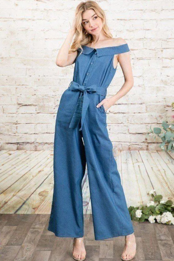 Wide Leg Off Shoulder Soft Denim Women's Jumpsuit
