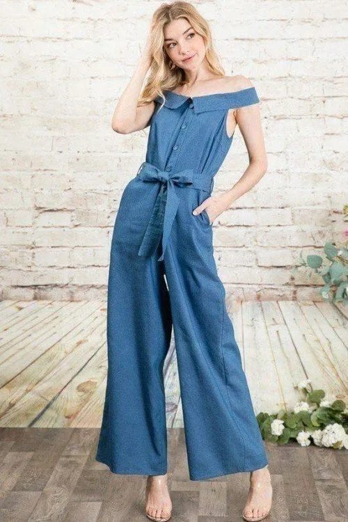 Wide Leg Off Shoulder Soft Denim Women's Jumpsuit