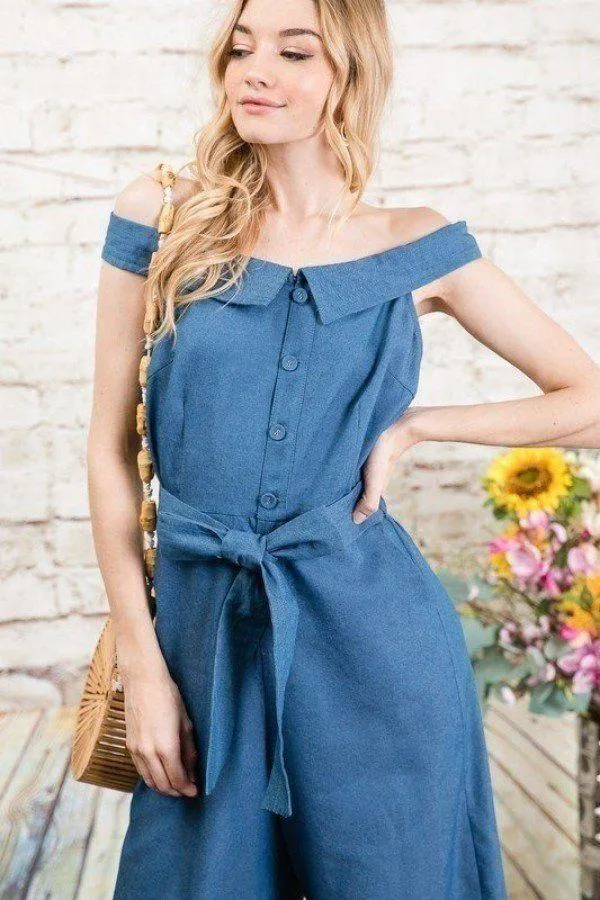Wide Leg Off Shoulder Soft Denim Women's Jumpsuit