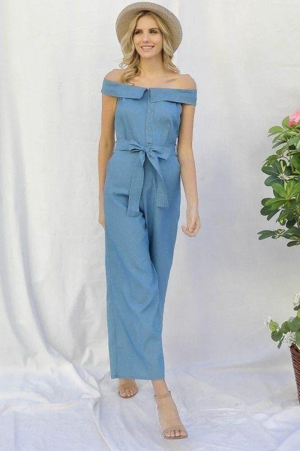 Wide Leg Off Shoulder Soft Denim Women's Jumpsuit