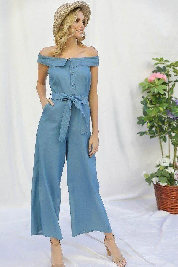 Wide Leg Off Shoulder Soft Denim Women's Jumpsuit